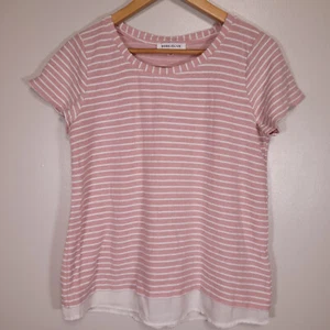 Rose + Olive Top Women's M Rose Pink & White Striped Short Sleeve Chiffon Hem - Picture 1 of 6