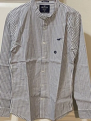 Camisa Hollister Para Hombre Talla Mediana Azul Marino Rayas Manga Larga Cuello Banda Ajuste Muscular Foto 1 de 4