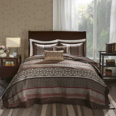 QUALITY XXXX-L EXTRA LARGE BROWN RED TAUPE GREY LEAF LOG CABIN LODGE BEDSPREAD SET NEW