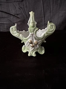 Vintage Porcelain Ornate Mini Basket/vase Iridescent Green, Gold Trim 5” X 5.5” - Picture 1 of 12