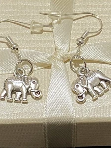 Silver Tone Lucky Elephant Fun Fashion Dangle Earrings Animal Lovers Protectors - Picture 1 of 7