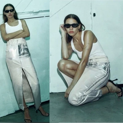 Zara Metallic Silver Denim Midi Skirt Size Large NWT Cyber Punk Space Neutral - Image 1 of 4