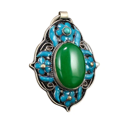 Vintage Pure Silver Inlay Green Jade & Gem Pendant - Image 1 of 4
