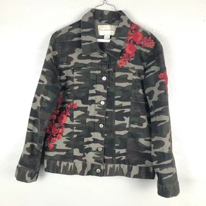 Pilcro Anthropology grün orange bestickt Blume Camouflage Denim Jeansjacke Mantel - Bild 1 von 6