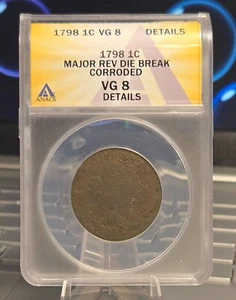 1798 1c Draped Bust Large Cent ANACS VG8 Details - Picture 1 of 4