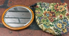 Vintage Wood Cosmetic round Mirror Handheld with carry case