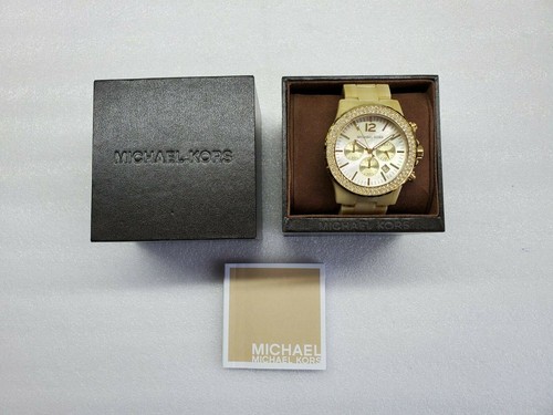 OROLOGIO DONNA MICHAEL KORS MADISON CRONOGRAFO DATA CINTURINO IN PLASTICA BEIGE MK5558 NUOVO