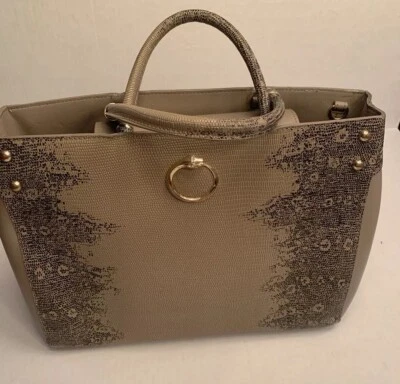 Roberto Cavalli Just Cavalli Saffiano Leather Structured Handbag Taupe Reptile - Image 1 of 4