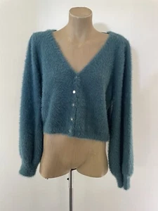 Dotti Cardigan Sz XL Green Long Sleeve Crop Fluffy Faux Angora - Picture 1 of 8