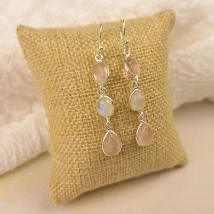 Sterling Silver Rose Quartz & Moonstone Dangle Earrings - Picture 1 of 3