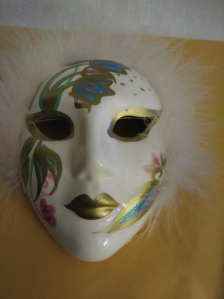 B 2-Mask Ceramic Madi Gras whiteface Gold bluepink White Fur Around Face wall - Image 1 of 1