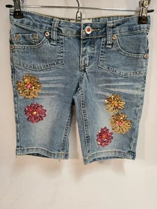 SO Authentic American Heritage Girls Denim Shorts Sz 7 Sequin Embroidered Flower - Picture 1 of 6