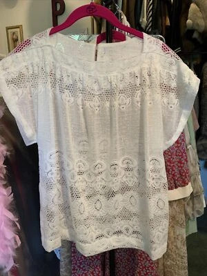 Top folclórico campesino de encaje blanco vintage talla 14 busto 36 S/S tejido abierto cuello cuadrado Foto 1 de 4