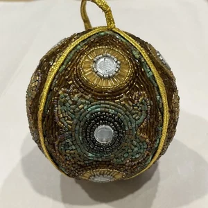 Gold Brown Green Turquoise Beaded Sequin 5” Large Ball Christmas Ornament - Picture 1 of 14