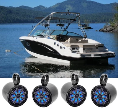 (4) KICKER 45KM84L 8" 1200 Watt Marine Boat Wakeboard Tower Speakers w/LED's KM8 - Image 1 of 4