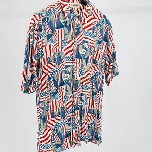 90s Campia Moda Americana Flag Print Red White Hawaiian Shirt - Picture 1 of 7