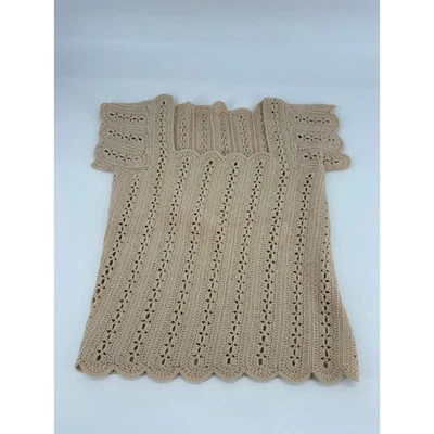 Top de mujer beige tejido a ganchillo cuello cuadrado manga corta hecho a mano Foto 1 de 3