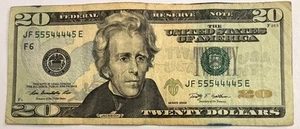 FANCY SERIAL NUMBER 5554445 DOUBLE QUAD BINARY $20 BILL FEDERAL RESERVE NOTE - Picture 1 of 1