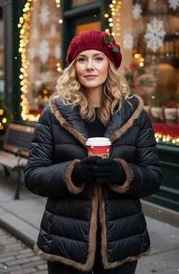 Abrigo Dennis Basso L Negro Acolchado Puffer Chaqueta Borde Piel Sintética QVC Glam Invierno Foto 1 de 4