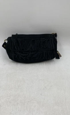 Guess Womens Black Suede Leather Fringe Top Handle Outer Pockets Hobo Bag - Image 1 of 4