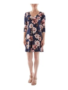 BCX Womens Navy Floral 3/4 Sleeve V Neck Short Evening Shift Dress XL - Picture 1 of 6