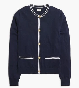 NWT J. Crew Factory $89.50 Contrast-trim Cardigan Sweater, NAVY Size Medium - Picture 1 of 7