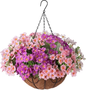 Artificial Flower in Hanging Basket Outdoor Indoor Decoration,Coconut Lining Flo - Picture 1 of 7