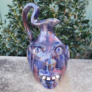12" x 7" Cobalt Blue and Red Glazed Face Jug Pitcher by Billy Joe Craven - Picture 1 of 8