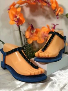 NWOB $230 Stuart Weitzman Esme Black Studded Flat Thong Sandal Blue Sz 6M - Picture 1 of 10