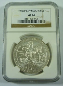 2010 P BOY SCOUTS MS70 NGC 90% Silver Commemorative Dollar - Picture 1 of 2