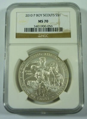 2010 P BOY SCOUTS MS70 NGC 90% Silver Commemorative Dollar - Image 1 of 2
