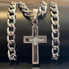 Collana con croce rosario in acciaio inox da uomo donna catena cubana di 50 cm