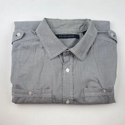 Sean John Mens Shirt Large Gray Pinstripe Short Sleeve Button Up - Image 1 of 4