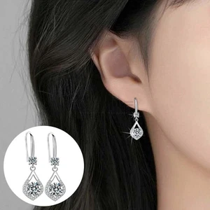 Pendientes colgantes redondos de plata de ley 925 maciza con forma de gota de agua para mujer. - Imagen 1 de 1