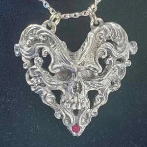 Filigree Skull Pewter Pendant Necklace Red Fine Austrian Crystal US Made *NEW* - Picture 1 of 4