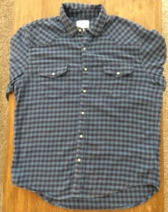 Lucky Brand Saturday Stretch blau kariert Flanell Perlen Druckknopf Hemd Herren Large  - Bild 1 von 12