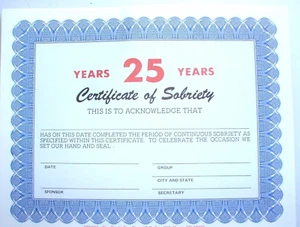 Alcoholics Anonymous AA Certificate of Sobriety 25 Year Award Medallion Token - Picture 1 of 2