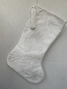 White Christmas Stocking In Silk Like Quilted Fabric Tassel And Hanger Lined 17” - Picture 1 of 3