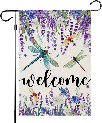 Banderas de jardín de verano de bienvenida para exterior, acuarela de temporada lavanda con drago Foto 1 de 4