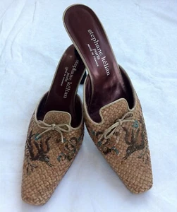 Embroidered STEPHANE KELIAN Paris * Woven Leather SHOES Mules 9 Slides Heels EXC - Picture 1 of 12