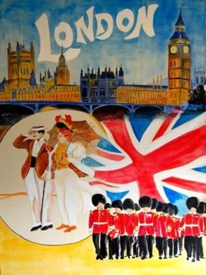 LONDON WIND PALACE BIG BEN BRITISH QUEEN'S GUARD FLAG TRAVELVINTAGE POSTER REPRO - Image 1 of 3