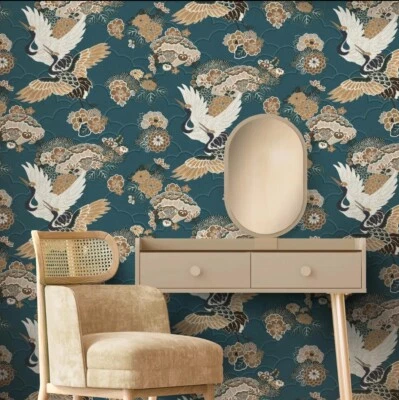 Sample Rasch Akari Kyoto Cranes Oriental  Birds Teal Textured Wallpaper 282770 - Image 1 of 4