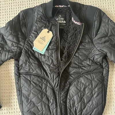 Prana Diva Varsity Jacket XS Black Sherpa Lined Womens Bomber Zip Up Coat - Изображение 1 из 4