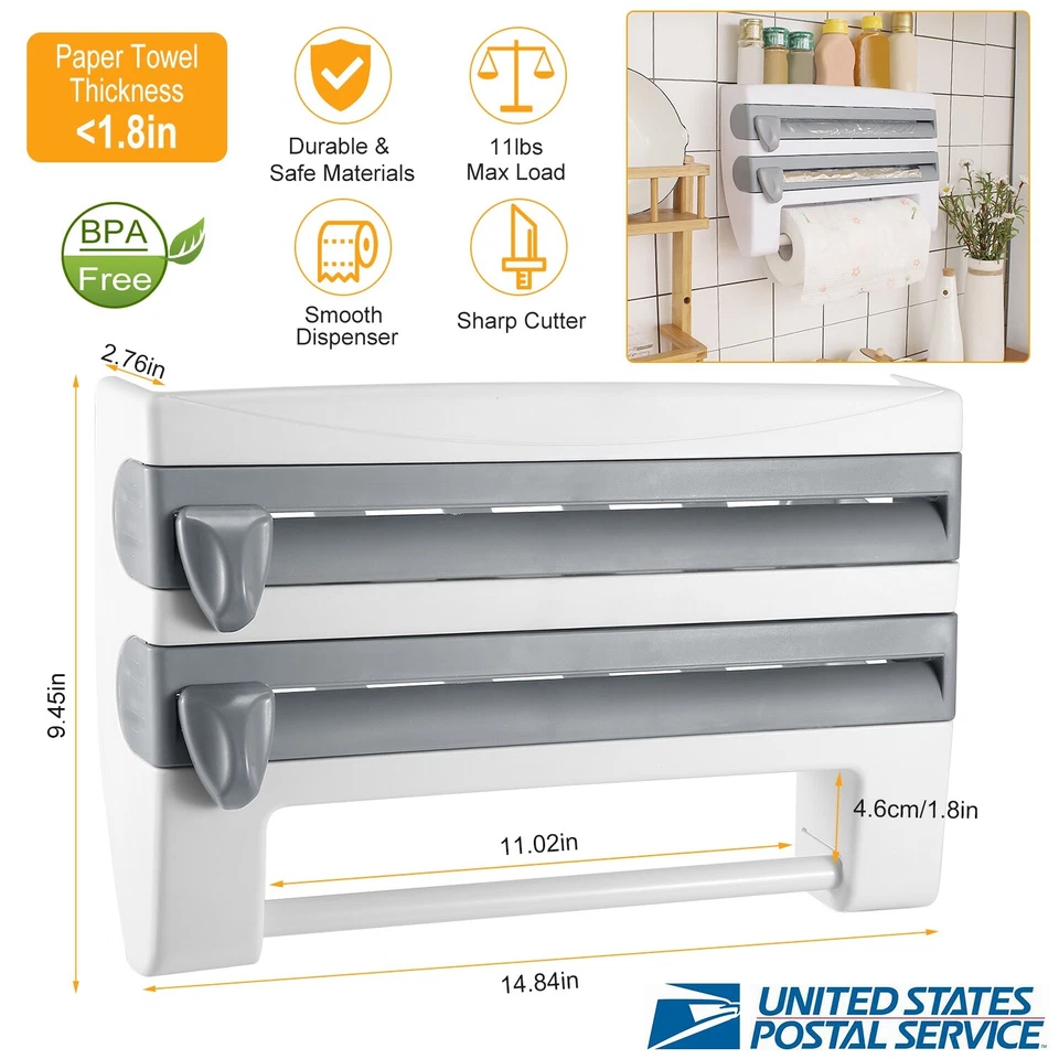 Kitchen Roll Dispenser Wall Mount Cling Film Tin Foil Paper Towel Holder Plastic