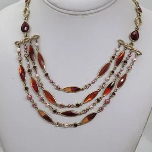 Orange Red Pink Triple Layered Gold Tone Necklace - Picture 1 of 5