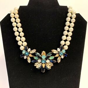 J Crew Double Pearl Statement Necklace Blue Tones Rhinestones Holiday Party WOW