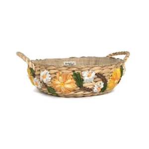 Vtg Hand Woven Floral Basket Yellow White Flower Motif Made Philippines - Picture 1 of 9