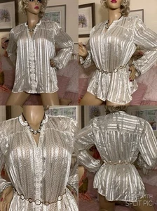 HIGH GLOSS MIRROR SHINE LIQUID SATIN & SHEER CHIFFON Embellished Floaty Blouse - Picture 1 of 24