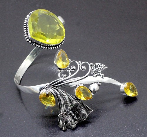 VALENTINO 925 Sterling Silver Lemon Quartz Gemstone Jewelry Cuff Bracelet Size ADJ"