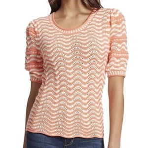 Ella Moss Women's Orange & White Wavy Striped Open Knit Sweater, Size Medium - Picture 1 of 5